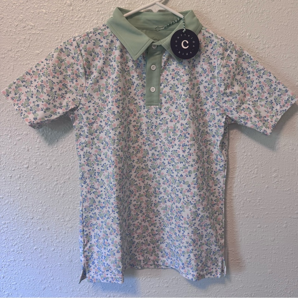 Courtside Kids Boy's Size 13/14 Polo Shirt - White, Green & Blue Floral Print